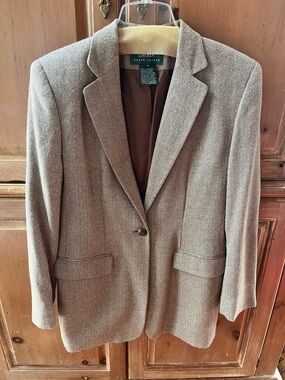 LAUREN RALPH LAUREN. WOMEN’S TAUPE / BROWN TWEED BLAZER JACKET. SIZE 6